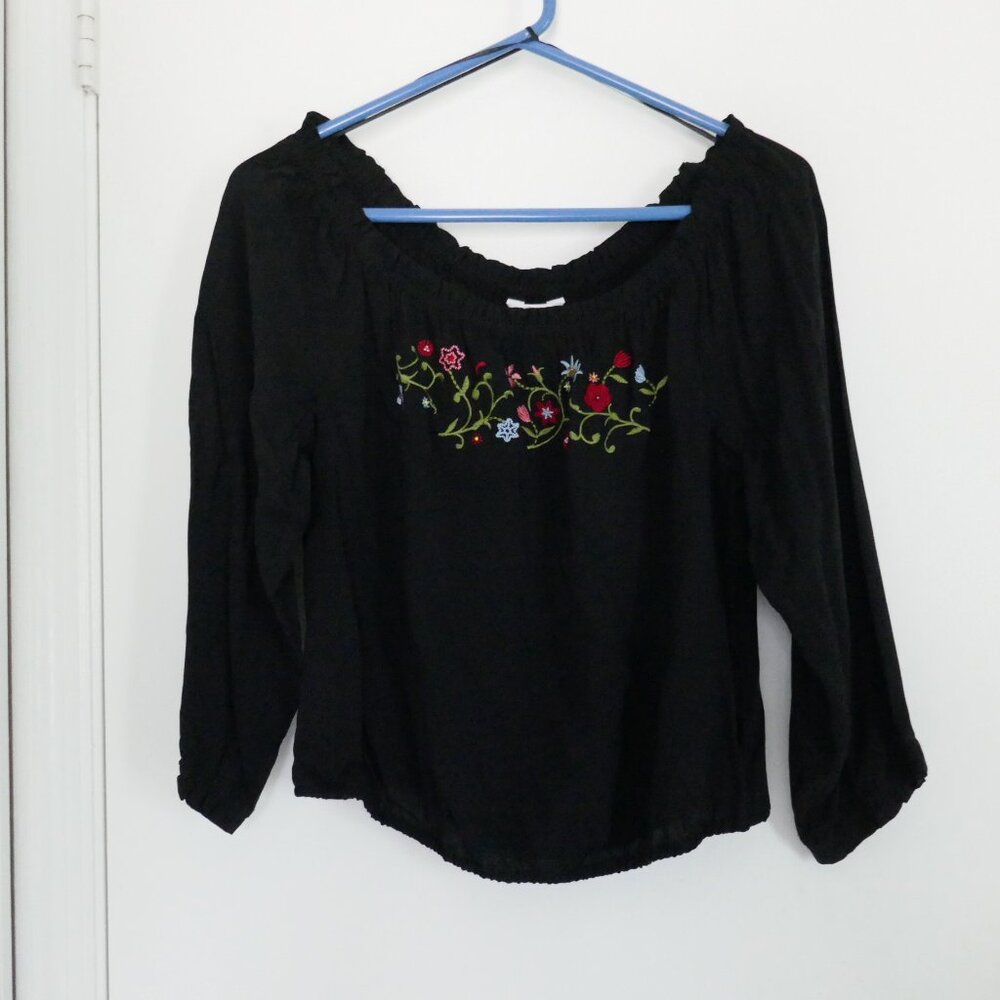 NWT vtg Candies black embroidered cropped boho peasant blouse 3/4 sleeves sz L - Picture 1 of 4
